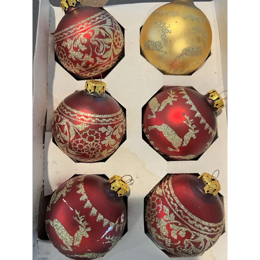 Vintage Lot 15 Pyramid Stenciled Glass Christmas Pink Red Gold Various Ornaments